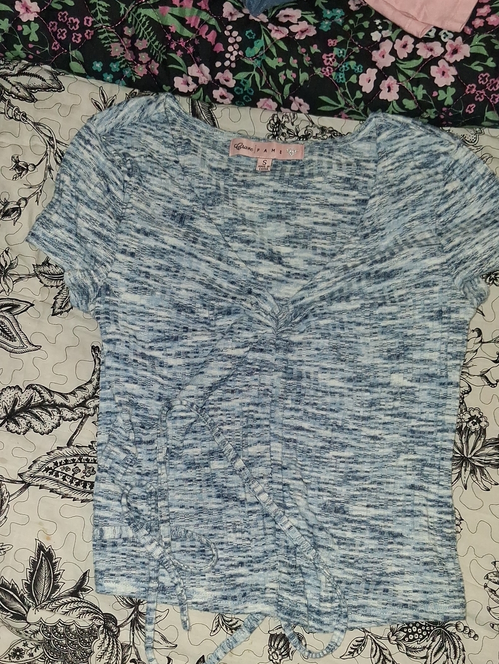 Crave Fame Heathered Light Blue Cinch-Front Crop Top